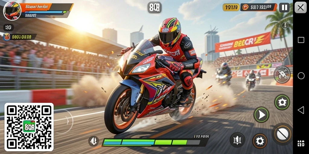 Screenshot menunjukkan aksi balapan motor yang mendebarkan di 8QR.