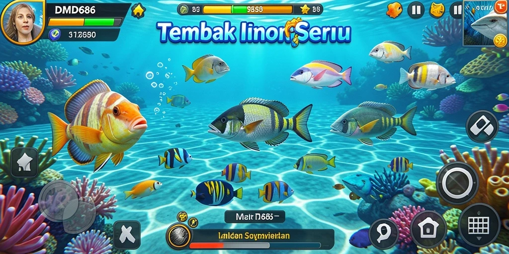 Gameplay seru dalam DMD686 dengan berbagai ikan untuk ditembak.