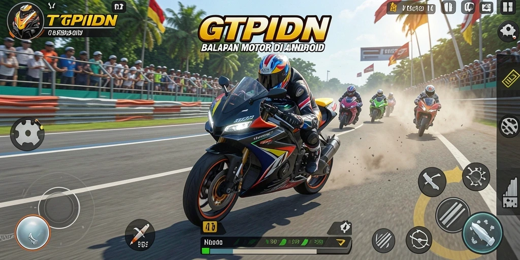 Screenshot utama GTPIDN menampilkan aksi balapan motor yang seru.