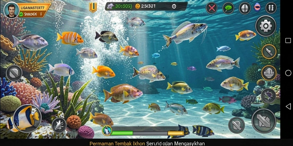 Gameplay menembak ikan yang seru dan interaktif dalam LIGAMASTER77.