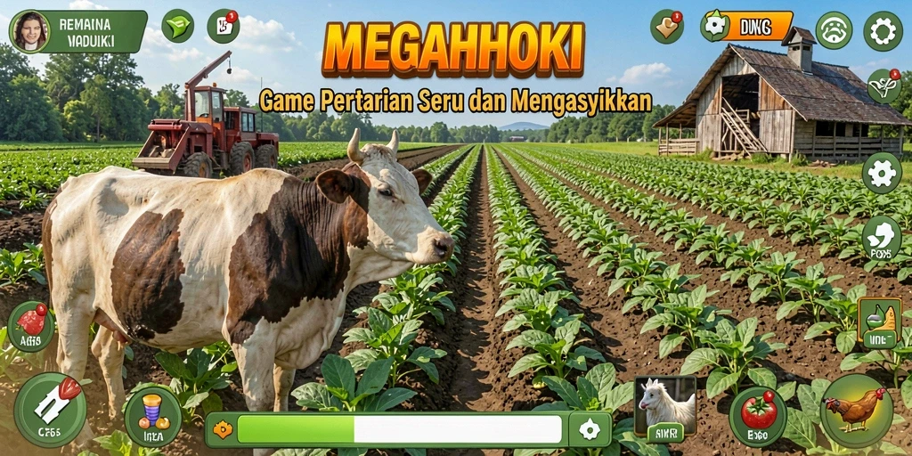 Tampilan gameplay MEGAHOKI yang menampilkan aktivitas pertanian yang seru.
