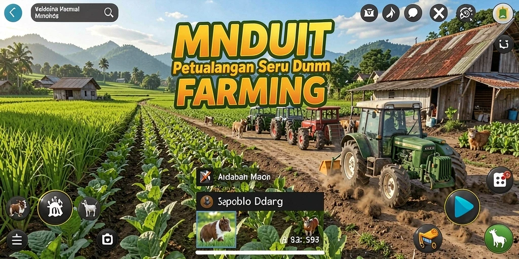 Screenshot gameplay MNDUIT yang menampilkan ladang dan hewan ternak.