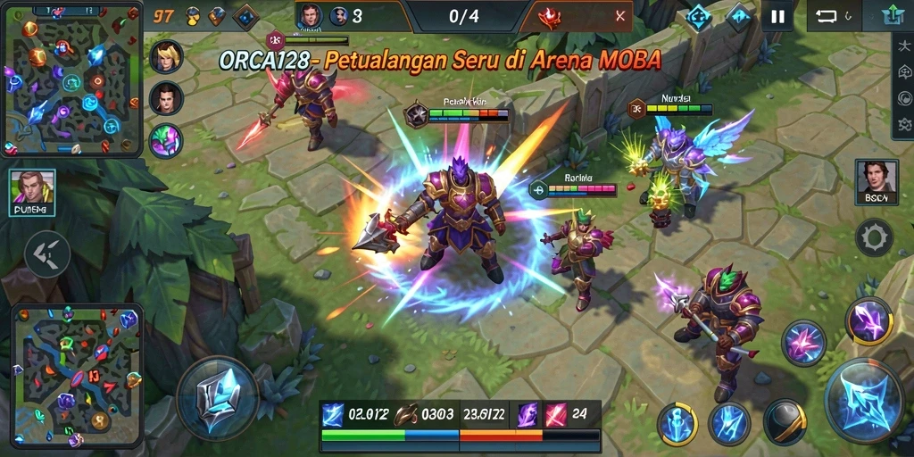 Screenshot gameplay ORCA128 menampilkan pertarungan intens antara tim di arena MOBA.