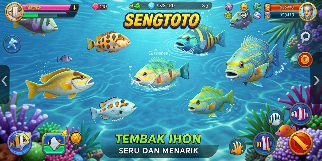 Gameplay seru SENGTOTO menembak ikan berwarna-warni.